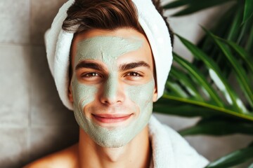 Smiling male with a green tea face mask and a towel on his head relaxing during a skincare routine