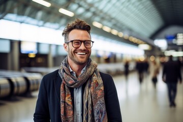 Portrait of a happy man in his 30s wearing a chic cardigan isolated on bustling airport terminal