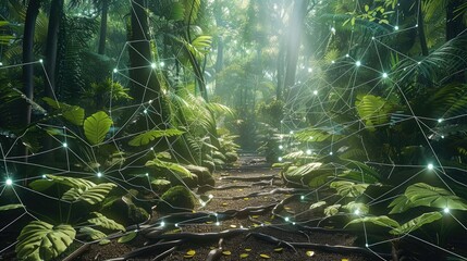 Obraz premium Amazon rainforest which is working with the digital blockchain system with so many trees and leaves in the middle of the forest having space with soil and a way for walking. Generative AI.