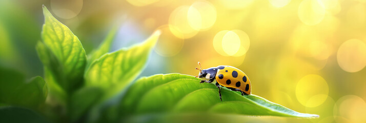 closeup yellow ladybug beetle edge of leaf, sunlight bokeh blur, copy space banner, nature green wildlife bug, macro - Powered by Adobe