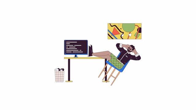Dreaming black male at workplace line 2D character animation. Procrastination flat color cartoon 4K video, alpha channel. African american employee at home office animated person on white background