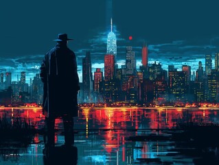 Silhouette of the man in NYC night neon illustration
