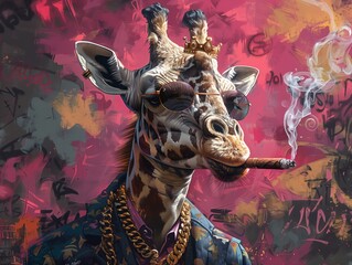 Portrait of giraffe in a suit with a golden chain, smoking a cigar, wearing sunglasses, street art graffiti background