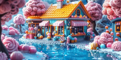 Charming isometric candy shop with animated lollipops and gummies bouncing around