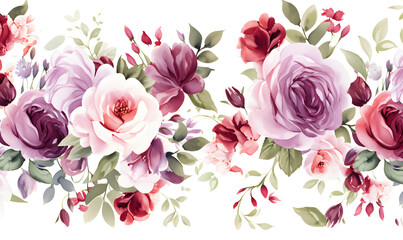 Naklejka premium Pattern of purple and red roses, green leaves, watercolor, Generative AI