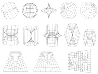 Set of 3D wireframe models in the Y2k style. Retro graphic on black background for decoration, cover, poster.