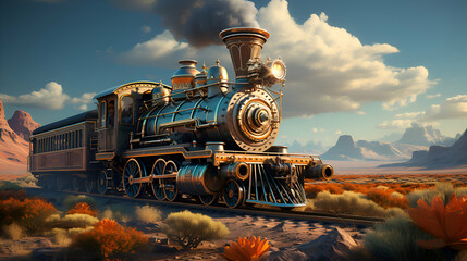 Steam locomotive in the desert. 3D render. Computer graphics. - obrazy, fototapety, plakaty