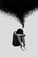 Vertical photo collage of upset girl hug knees depression whirlwind thoughts depression fatigue alone isolated on painted background