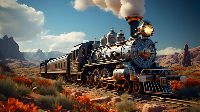 Vintage steam train in the desert. 3D render illustration.