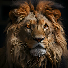 Fototapeta premium Portrait of a beautiful lion in front of a dark background.