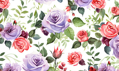 Pattern of purple and red roses, green leaves, watercolor, Generative AI