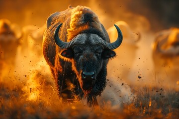 A bull, a working animal, is depicted running through a fiery landscape in a painting. Its horns and snout are vividly captured amidst the atmospheric phenomenon