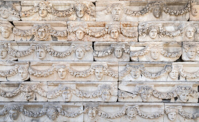 Ancient Mask Relief in Aphrodisias Ancient City in Geyre, Aydin, Turkey. - 787050140