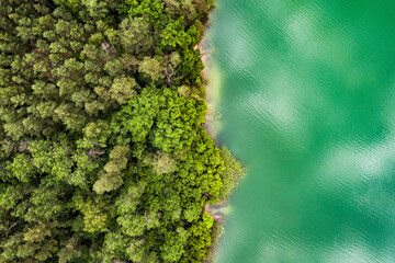 Aerial view of beautiful Balsys lake, one of six Green Lakes, located in Verkiai Regional Park. Birds eye view of scenic emerald lake surrounded by pine forests. Vilnius, Lithuania. - obrazy, fototapety, plakaty