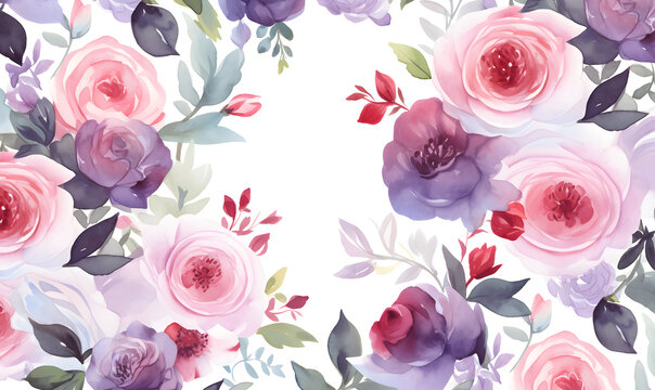 Pattern of purple and red roses, green leaves, watercolor, Generative AI
