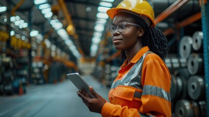Portrait of a Professional Heavy Industry black female Engineer Wearing Safety Uniform and Hard Hat Uses Tablet Computer, Working in a Metal Manufacture Warehouse. Generative AI. - obrazy, fototapety, plakaty