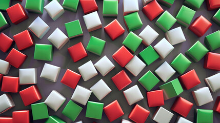 Festive cubes in holiday red, green, and white animate a cool grey base for a celebratory mood. - obrazy, fototapety, plakaty
