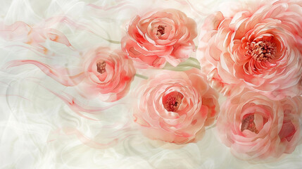 Dreamy abstract floral watercolor with soft peonies in pink and coral.