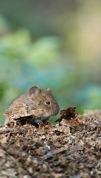 Vertical footage of bank vole stands on the woods ground eating on a sunny day with blur background