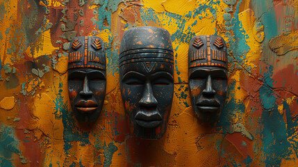 Tribal, mask and African figures, art and traditional on wall for decoration. Creative, design and history or ethnic carving with texture, wood and brush strokes or cultural storytelling and abstract - obrazy, fototapety, plakaty