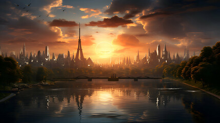 Naklejka premium Panoramic view of Shanghai at sunset. 3D rendering