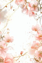 Fototapeta na wymiar Whimsical Cherry Blossom Invitation Frame with Gold