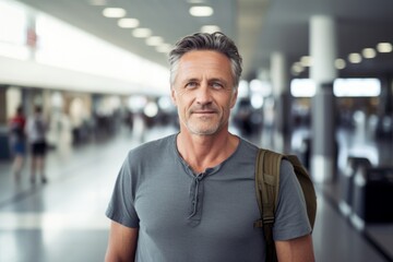 Fototapeta premium Portrait of a tender man in his 60s dressed in a casual t-shirt isolated on bustling airport terminal
