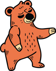 A cartoon bear is standing and looking at the camera