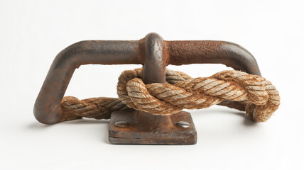 A rusty metal shackle with a robust knotted rope, suggesting strength and durability, against a white background.