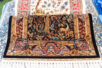 traditional hand-knitted silk carpet, colorful woven traditional turkish silk carpet