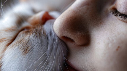 Close-up of a person's eye and a cat's face, highlighting the soft details and textures of human and animal features.