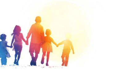 Silhouetted family walking hand-in-hand against a bright, sunlit background, creating a warm, happy atmosphere.