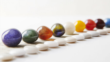 Colorful marbles arranged in a line on a striped surface, displaying a variety of hues and reflections.