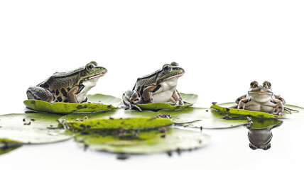 Three green and brown frogs sitting on lily pads with a reflective water surface.