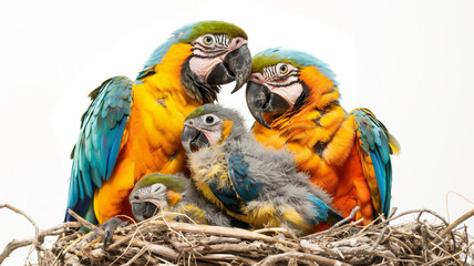 A family of macaw parrots with vibrant feathers in a nest; two adults and two chicks.