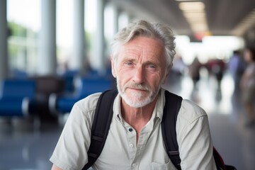 Obraz premium Portrait of a tender man in his 60s dressed in a casual t-shirt isolated on bustling airport terminal