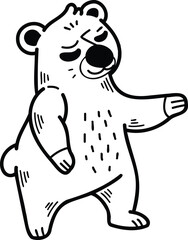 A cartoon bear is standing and looking at the camera