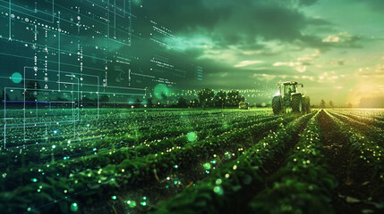 a mesmerizing visual display of a farmer employing AI technology to monitor and manage crucial agricultural factors, such as temperature, weather, humidity