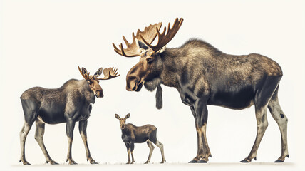 A family of moose with large antlers on a white background, including an adult and two younger ones.