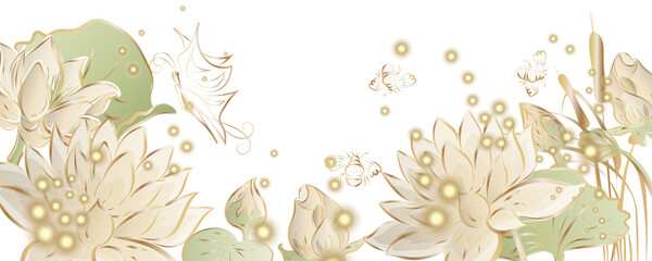 Golden botany banner.Japanese style Hand drawn vector . Line art style design. Concept traditional Asian holiday card.