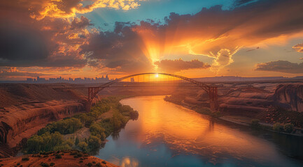 Fototapeta na wymiar Rainbow Bridge sunset, landscape design. Generative AI.