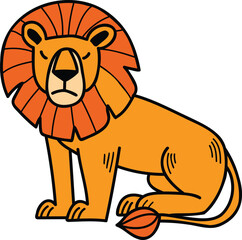 A cartoon lion is sitting on its haunches with its head down