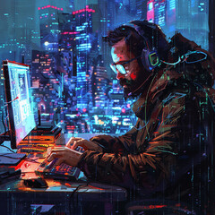 A hooded Russian A bearded Hacker with glasses sits at a computer, illustration in neon pink and blue. Concept of security, hacking, data leakage.