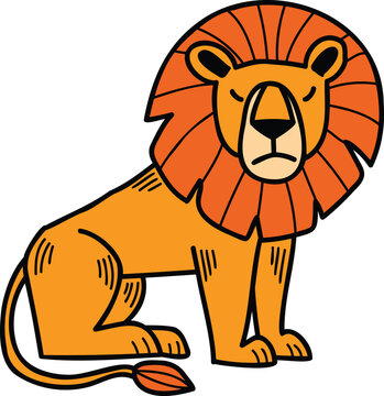 A cartoon lion is sitting on its haunches with its head down