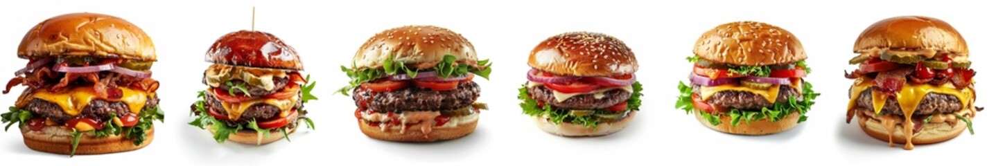 Set of six delicious juicy fresh burgers isolated on a white background. Cheeseburger..background. Cheeseburger.