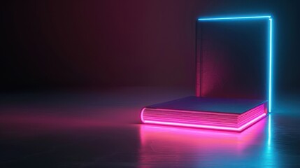 A closed book with neon light edges creating a luminous rectangle on a reflective dark surface Represents knowledge, mystery, and futuristic literature
