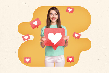 Creative collage image young cheerful woman hold heart icon notification social media online popularity promotion drawing background