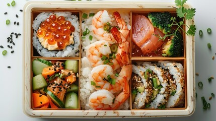 A lunch box on white background. Traditional Japanese food in takeaway wooden packaging on kitchen table. Healthy diet, meal preparation. rice, prawn. top view. Generative AI.