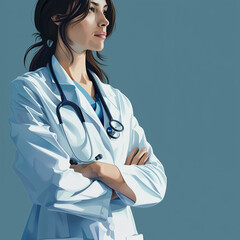 Beautiful girl nurse, doctor photo on a plain blue background.Healthcare, medical staff concept.