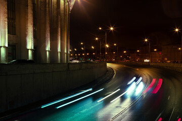 Night free highway in the city. Photo in long exposure, motion blur
